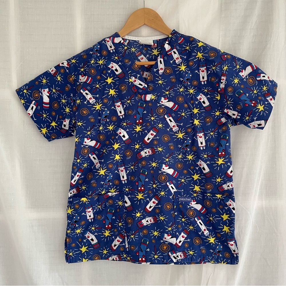 Women's Scrub Top, Blue with Fireworks Print
